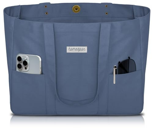 HOMESPON Sac a Main Femme Grand Sac Cabas en Toile Portés épaule Sac Fourre Tout avec Poches et Ordinateur Portable Compartiment (Bleu)