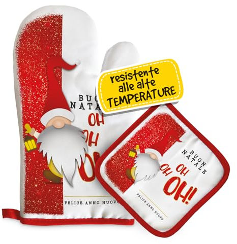 Set Guanto Forno e Presina Natalizia, Idee Regalo Natale Donna, Mamma e Nonna, Utili ed Originali per la Casa e Cucina, Personalizzati Con Illustrazione Originale Elfo Oh Oh Oh