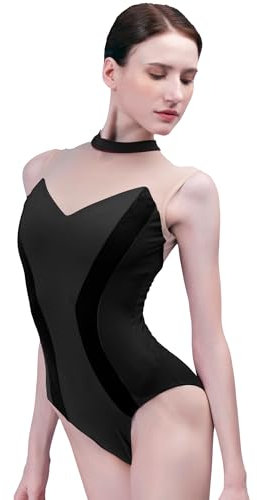 flexdans Damen Mock Neck Ballett Trikot, Ärmellos Ballett Gymnastikanzug mit Ballettanzug Rückenfrei Tanztrikot (D011-Schwarz-L)