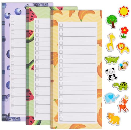 AUAUY 3 Pack Magnetic Notepads for Refrigerator, Fruit, 50 Sheets/Pad | Grocery List Magnet Pads with 12PCS Mini Refrigerator Magnets, Full Magnet Back Notepads for Shopping List,To-Do List