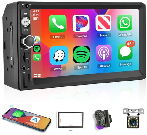 Hodozzy Wireless Carplay/Android Auto 2 Din Autoradio, 7 Pollici HD Schermo Stereo Auto Bluetooth/Mirror Link/USB/AUX/FM Radio+Telecamera Retromarcia…