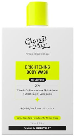 Chemist at Play Brightening Body Wash | Glowing Skin Vitamin C Bodywash | Helps to Reduce Fades Dark Spots, Evens out Skin Tone | Alpha Arbutin | 30X Vitamin C with Camu Camu | For Women & Men | 236ml