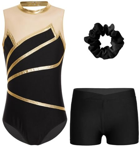 Kvysinly Glänzend Turnanzug Mädchen Gymnastikanzug Set Turnbody mit Haarband und Hose Ballettkleidung Tanz Training Dancewear Gold 146-152