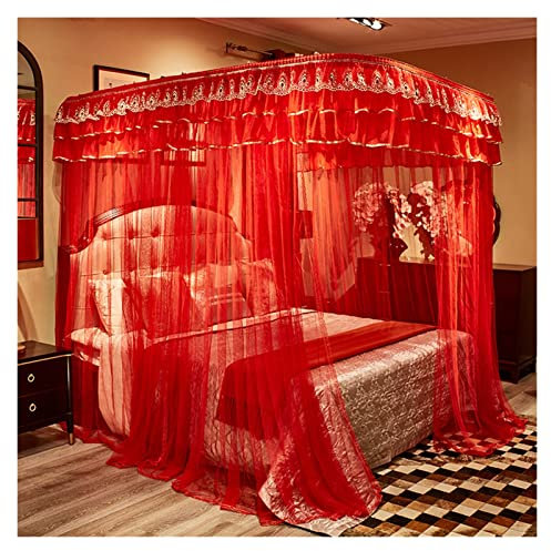 GLMGBP Moskitonetz Prinzessin, dreiseitige Öffnungen, Pfostenhimmel für Mädchenbett, romantischer Spitzenbettvorhang, Baldachin, Netzboden mit Halterung (Farbe: Rot, Größe: 150 x 200 cm)