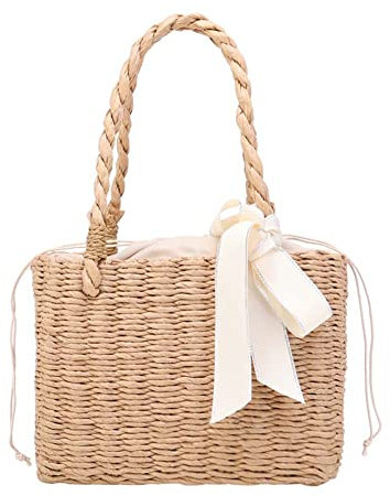 JUCHRZEY Damen-Handtasche, modisch, Rattan, Seidenband, Stroh, quadratischer Korb, Vintage-Tasche, Clutch