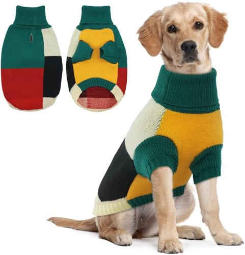 Hjumarayan Hundepullover - Rollkragen Hundepullover Mittelgroße Hunde Farbblockierung Hunde Pullover mit Beinen Warm Hunde Pullis mit Geschirr Loch für Französische Bulldogge, Grün L