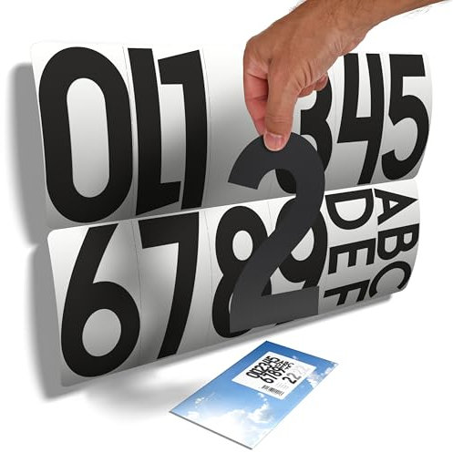 11 große selbstklebende Zahlen (19 cm) und 6 Buchstaben – schwarz – universell einsetzbar auf glattem Untergrund – Hausnummer auf Glastür/Briefkasten oder für jede andere Nummerierung (Schließfach,