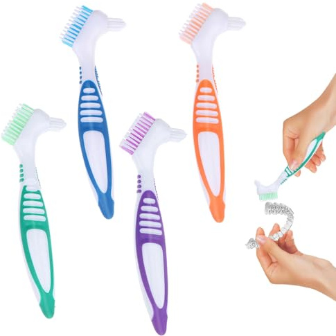 Denture Brush - 4 Pcs Double Bristle Head Toothbrush, False Teeth Brush for Cleaning Retainers (Blue, Purple, Green, Orange)