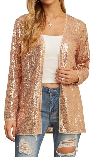 QIXING Women's Cardigans Sequin Sparkle Lightweight Long Sleeve Cardigan Casual Party Clubwear Cover Up Glitter Sequin Jacket(Rose Gold, XXL)
