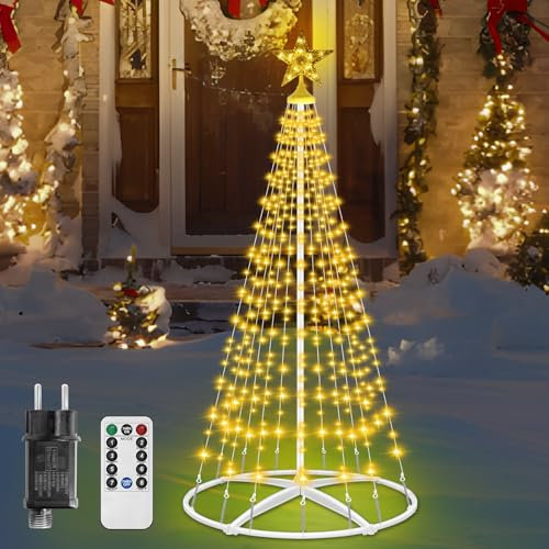 HELESIN LED Weihnachtsbaum Aussen（Warm）, 202 LED Weihnachtsbaum Kegelform 12 Modi mit Fernbedienung, Lichterbaum Weihnachten Zeitschaltuhr für Innen- und Außendekorationen
