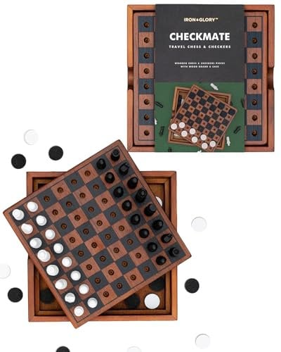 Iron & Glory Chess Board & Checkers Set | Wooden Puzzles & Games | Board Games For Family Night | Travel Games for Kids & Travel Gifts | Coffee Table Decor | Family Games Night