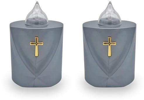 AROBA 2x LED Grabkerze Trauerlicht - Flackereffekt wie echte Kerze - lange Brenndauer bis 120 Tage - wiederverwendbar Friedhofskerze Gedenkkerze Dauerkerze - silber Heiliges Kreuz