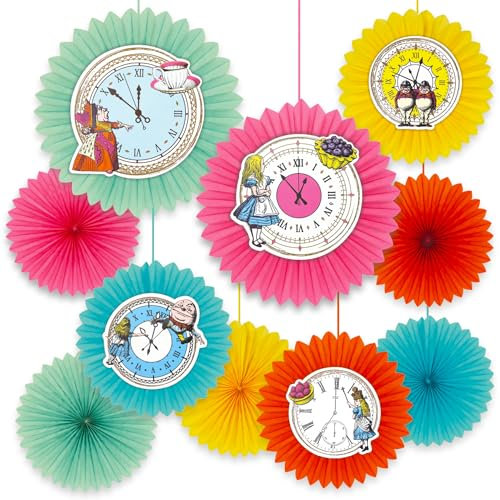 Talking Tables 10x Alice in Wonderland Curious Clock Fans Paper Hanging Decoration for Kids Birthdays, Mad Hatter Tea Party, Onederland, Baby Shower