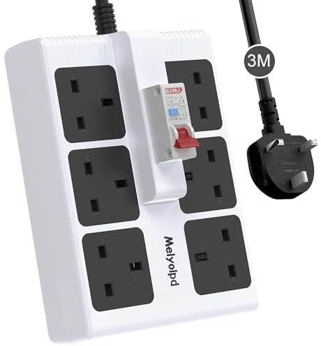 Melyolpd RCD Extension Lead GFCI Surge Protected Extension Lead, 3M Heavy Duty Extension Lead with Leakage Protection 6 Way 3250W Plug RCD Power Strip for Workshop/Garage RCD Power Extension - White