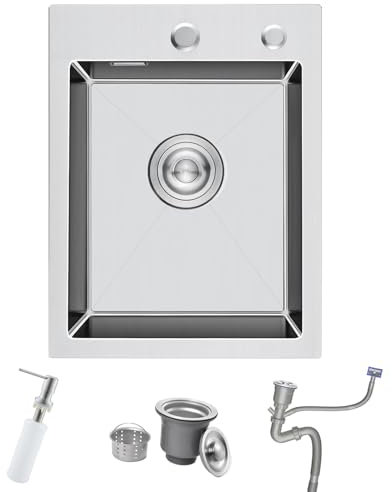 Fregadero Cocina 1 Seno, Fregadero Acero Inoxidable Cepillada 35 x 45 cm con Desbordamiento,Sifón, Dispensador de Jabón, Fregadero Pequeño con 2 Orificios para Grifo, Sobre Encimera o Enrasado