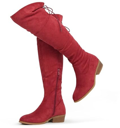 Hawkwell Stivali da donna St High High Fashion sopra il ginocchio basso tacco piatto stivali, Colore: rosso, 42 EU