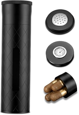 CIGARLOONG Zigarrenrohr, Aluminium, luftdichter Reise-Humidor mit Hygrometer und Luftbefeuchter, Zigarrenetui für 3 Zigarren, Schwarz kariert, 47 millimeters, Modern