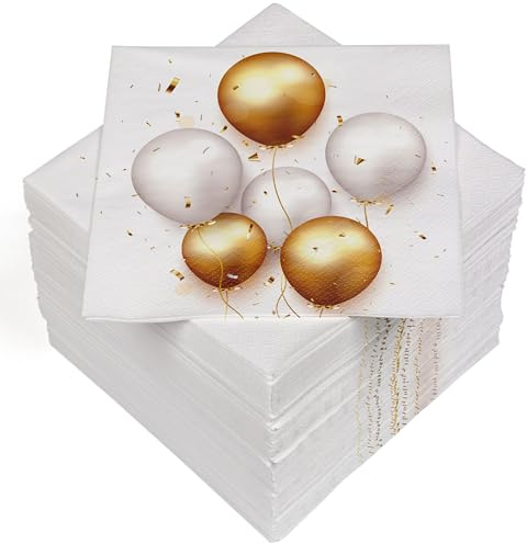 HEKU 100 Servietten, 3-lagig, 33x33cm, Ballons gold/weiß I Saugstark und praktisch verpackt I Breite Auswahl I Ideal für besondere Anlässe