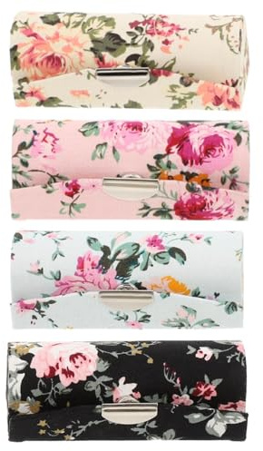 Stoff Lippenstiftetui 4 Stück mit Spiegel für Damen Handtasche | Blumenmuster, Knopfverschluss, Passend für Standard Lippenstifte, Schützt Unterwegs vor Verschmieren