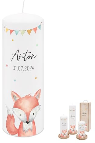 wunderwunsch Taufkerze personalisiert, Kerze zur Taufe mit Namen | Mit Holzkiste oder Untersetzer, Mädchen und Junge, Patenkind, Tauf-Spruch, Geschenk Set, Text, Erinnerung, Taufgeschenk