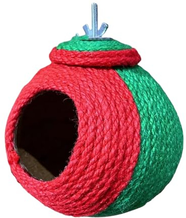 Nid – Jouet cabane réglable fermé | Nid de cage à oiseaux avec corde en sisal, couleur verte et rouge avec espace de couchage, cabane de jeu pour petit animal avec repos intérieur et extérieur