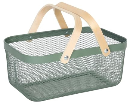 Relaxdays Drahtkorb mit Henkel, mint | eckig, Aufbewahrungskorb Metall & Holz, Utensilienkorb Küche, Bad, Wohnzimmer