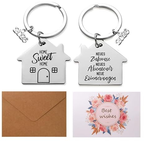 MHMondawn 2 Personalisierte Schlüsselanhänger Home Sweet Home 2025 + Elegante Blanko-Karte mit Briefumschlag Schlüsselanhänger Geschenk zu Einzug Neues Zuhause Neues Abenteuer Home Sweet Home für