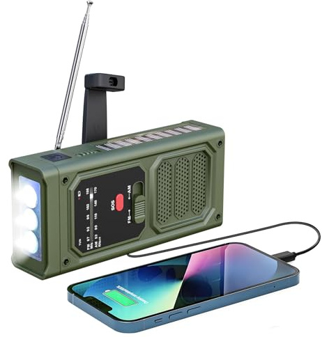 Kelenpro - Radio de emergencia solar, radio portátil de manivela con alarma SOS, linterna LED, radio de emergencia AM/FM con batería de 2000 mAh para acampada al aire libre, color verde militar