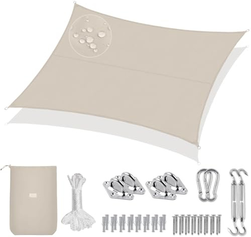 Sekey Sonnensegel Wasserdicht 3x5m Rechteckig mit Edelstahl Befestigungs Kit PES Polyester, Sonnenschutz 95% UV Schutz Windschutz Reißfest Wetterfest, für Balkon Garten, Taupe