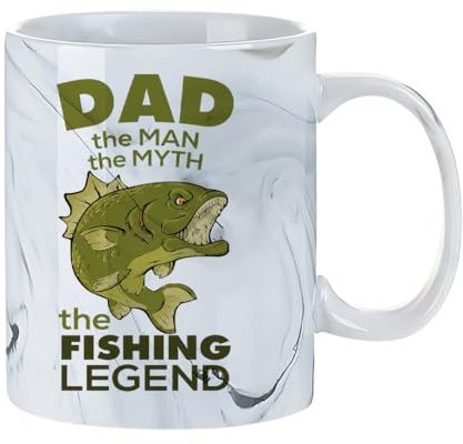 Dad The Man The Myth The Fishing Legend Mug – Funny Fishing Gift for Dad, 11oz Marble Elegance Ceramic Coffee Mug. (Grey)
