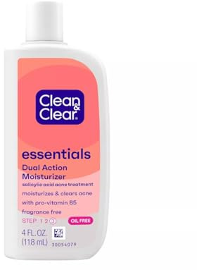 Clean & Clear Essentials Dual Action Facial Moisturizer with Salicylic Acid Acne Medication to Treat Acne and Prevent Pimples, Oil Free Face Moisturizer Cream for Acne-Prone Skin, 4 oz
