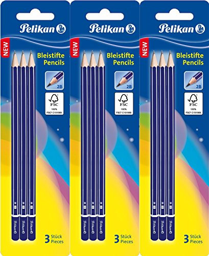9 Pelikan Bleistifte, Härtegrad 2B, 3 Blister mit 3 Stück