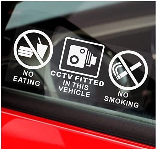 2 x Vehicle No Eating,No Drinking,CCTV Fitted Stickers-WINDOW, White On Clear-120x50mm-Car,Truck,Van,Bus,Coach,Train,Taxi,Minicab,Minibus,Cab Notice Sign