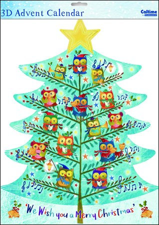Caltime 3-D Weihnachtsbaum Traditioneller Eule Baum Adventskalender - gestanzter Baum mit Eulen - 331 x 473 mm