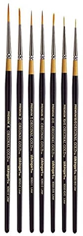 KINGART B-018 Premium 7 pc. Original Gold 9350 Series Liner Brush Set, Synthetic Golden Taklon for Acrylic, Oil, Watercolor Paint, Short Handle, 7 Brushes Sizes: 18/0, 10/0, 2/0, 0, 1, 2, 4