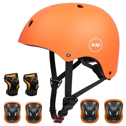 XJD Fahrradhelm Kinder Schoner Set(7er) Kinder Helm mit Knie- & Ellenbogen- & Handgelenkschützer Verstellbarer Schutz Jugend Skaterhelm für 3-13 Jahre Alt (Orange Set, M: 55-58 cm)