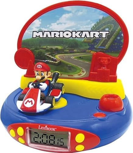Lexibook, Mario Kart réveil projecteur, Veilleuse intégrée, Projection de l'heure au Plafond, Effets sonores, à Piles, Rouge/Bleu, RP500NI