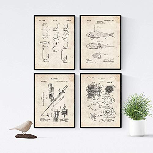 Nacnic 4 Poster Pack mit Angeln Patenten. Posterset mit Erfindungen und Alten Werkzeugen. Bilder von Haken, Angelköder, Angelgerät und Angelrolle. A3 ohne Rahmen.
