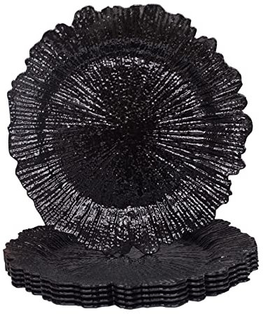 MAONAME Schwarze Platzteller, Riffteller, Ladegerät für Speiseteller, 33 cm, Kunststoff-Ladegeräte für Hochzeitsdekoration, 6 Stück