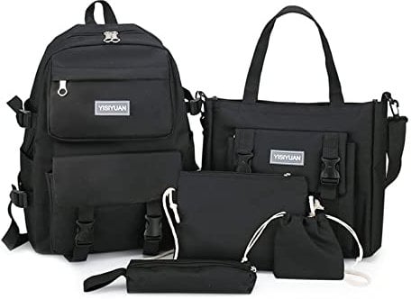 Ergocar Wasserdichtes Modisch Schultaschen-Sets 5 in 1 mit Handtasche, Federmäppchen, Münztasche, Schulrucksack für Kinder, Teenagers Schulranzen, Rucksack für Mädchen & Jungen, Schwarz