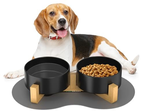 Doppel 850ml Hundenapf Keramik Futternapf Fressnapf Hund Erhöht Futterschüssel mit Bambus Ständer und rutschfestem Matte für mittelgroße und große Hunde Futter- und Wassernapf (Schwarz)