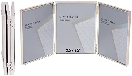 2.5 x 3.5-inch Silver Thin Edge TRIPLE PORTRAIT Photo Frames with hooks, can stand and hang - Velveteen Backing - Tarnish Resistant (2.5 x 3.5-inch)