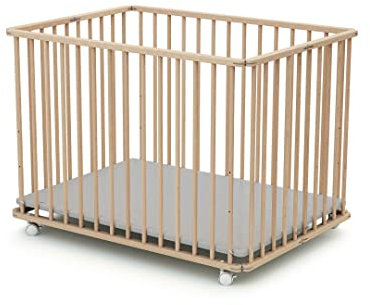 WEBABY - Laufstall Baby Faltbar Holz mit rollen und matte 70x100 Buche Natur | Faltbarer Laufstall | 3 Stufen Höhenverstellbar | Waschbarer Boden | Für Kinder bis 24 Monate