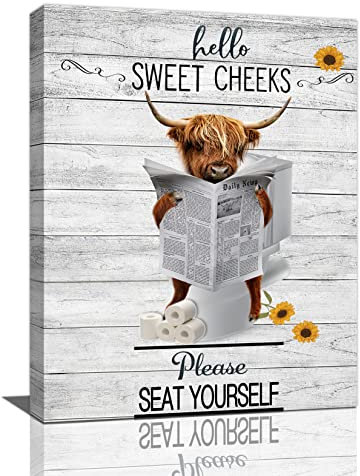 Lustige HochlandKuh Badezimmer Wandkunst Highland Rinder Badezimmer Wanddekoration Kuh auf Toilette Bilder für Wand Bauernhaus Badezimmer Schild Bitte setzen Sie sich selbst, Leinwandbild Druck