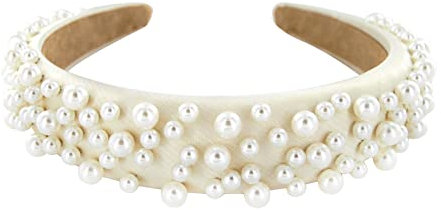 axy Haarreif mit Perlen und Stoff gepolstertes Metallicfarbe - Damen Haarreifen in Metallic-Optik Stirnband Haarschmuck HRK2BP (Cremeweiss)