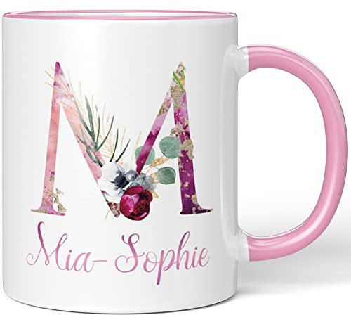 JUNIWORDS Tasse, Mia-Sophie, Name Anfangsbuchstabe Initial Alphabet Floral Buchstabe M Monogramm Motiv, Rosa (5528238)