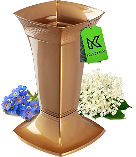 KADAX Vase Funéraire Avec Socle - Pour Fleurs en Plastique Sur Pierre Tombale (Doré/Bas)
