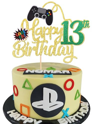 1 Stück 13th Videospiel Geburtstag Tortendeko Glitter Cake Topper Gaming Happy Birthday Kuchen Deko Videospiel Thema Cake Dekoration für Jungen Kindergeburtstag Spiel Thema Party Dekoration Gold