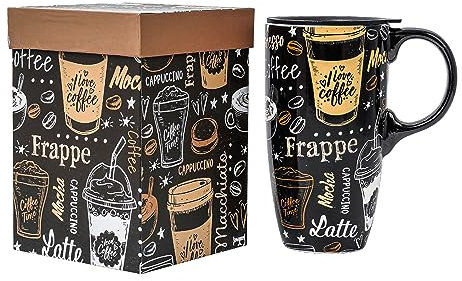 Topadorn Ceramic Travel Mug with Lid and Handle Gift for Coffee Lovers, Ceramic Coffee Mug Ceramic Latte Teacup Milk Mug in Color Box 17 Oz, Frappe