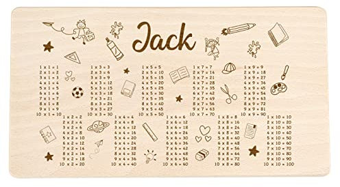 Alsino Persönliches Holzbrett mit Wunsch Gravur für Kinder - 22 x 12 cm - Personalisiertes Frühstücksbrettchen Abwaschbar - Knuffiges Einmaleins Motiv mit Namen